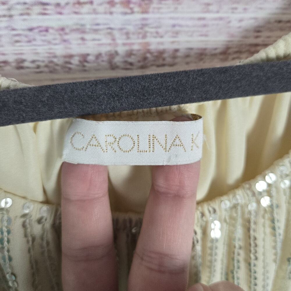 Carolina K Sequin Dress M Cream Cottagecore Sheer Sleeve Ruffle Tier Fairy Glam - Picture 5 of 15